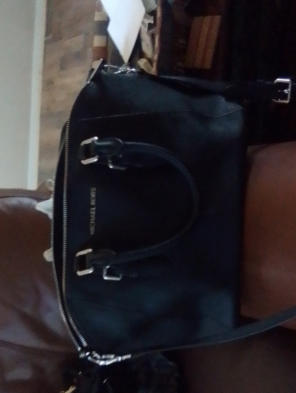 Michael Kors Black Leather Satchel with Silver-Tone Hardware